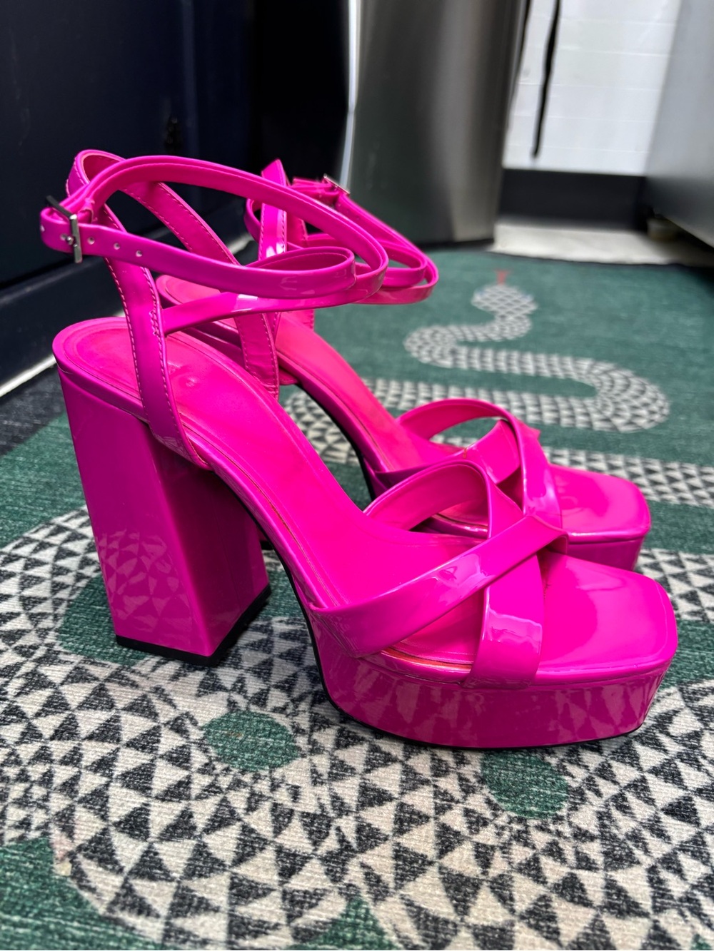 Zara Hot Pink Patent Platform Block-Heel Sandals